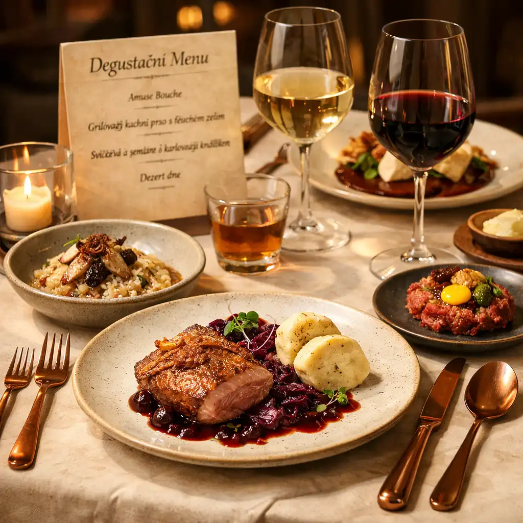 Elegantně prostřený stůl s degustačním menu a sklenicemi vína