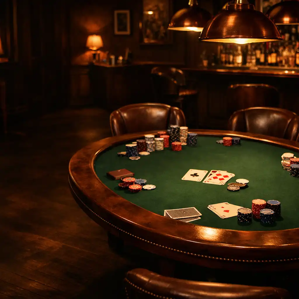 Tmavý interiér pokerového salonku s dřevěným stolem, žetony a kartami v teplém osvětlení