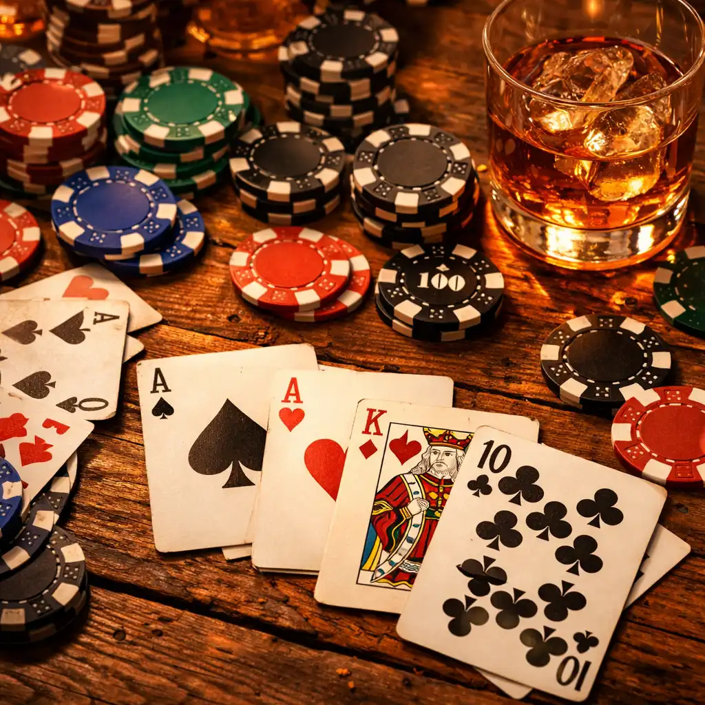 Rozsypané pokerové karty a žetony na dřevěném stole
