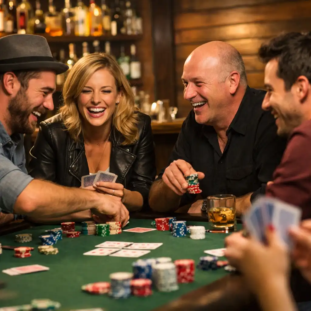 Skupina lidí hrajících karty u pokerového stolu v uvolněné atmosféře