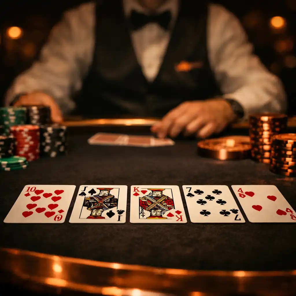Detail pokerového stolu s rozdanými kartami a žetony během turnaje