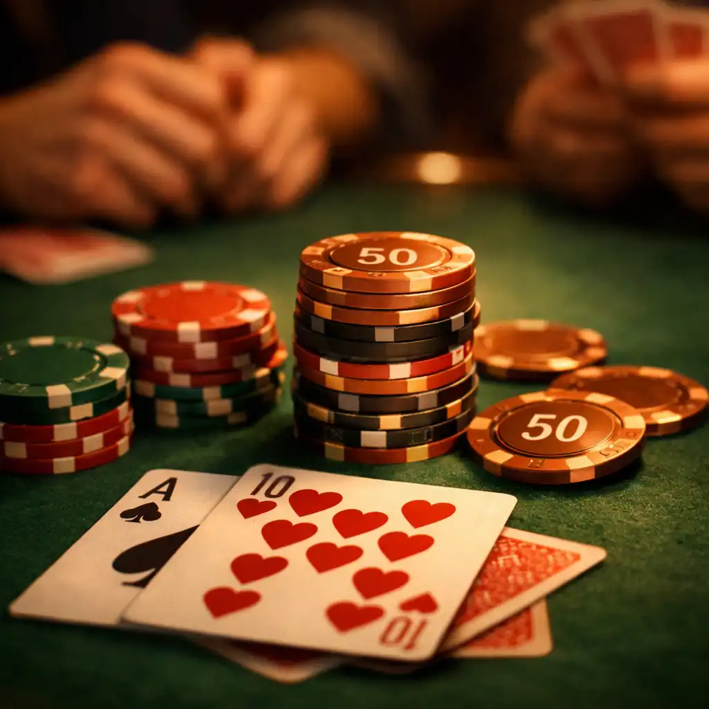 Pokerové žetony a karty na zeleném plátně stolu