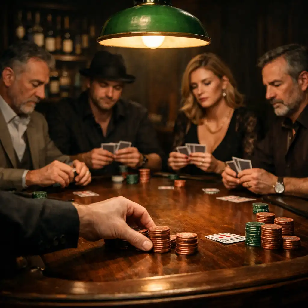 Hráči soustředění u pokerového stolu v tlumeném světle
