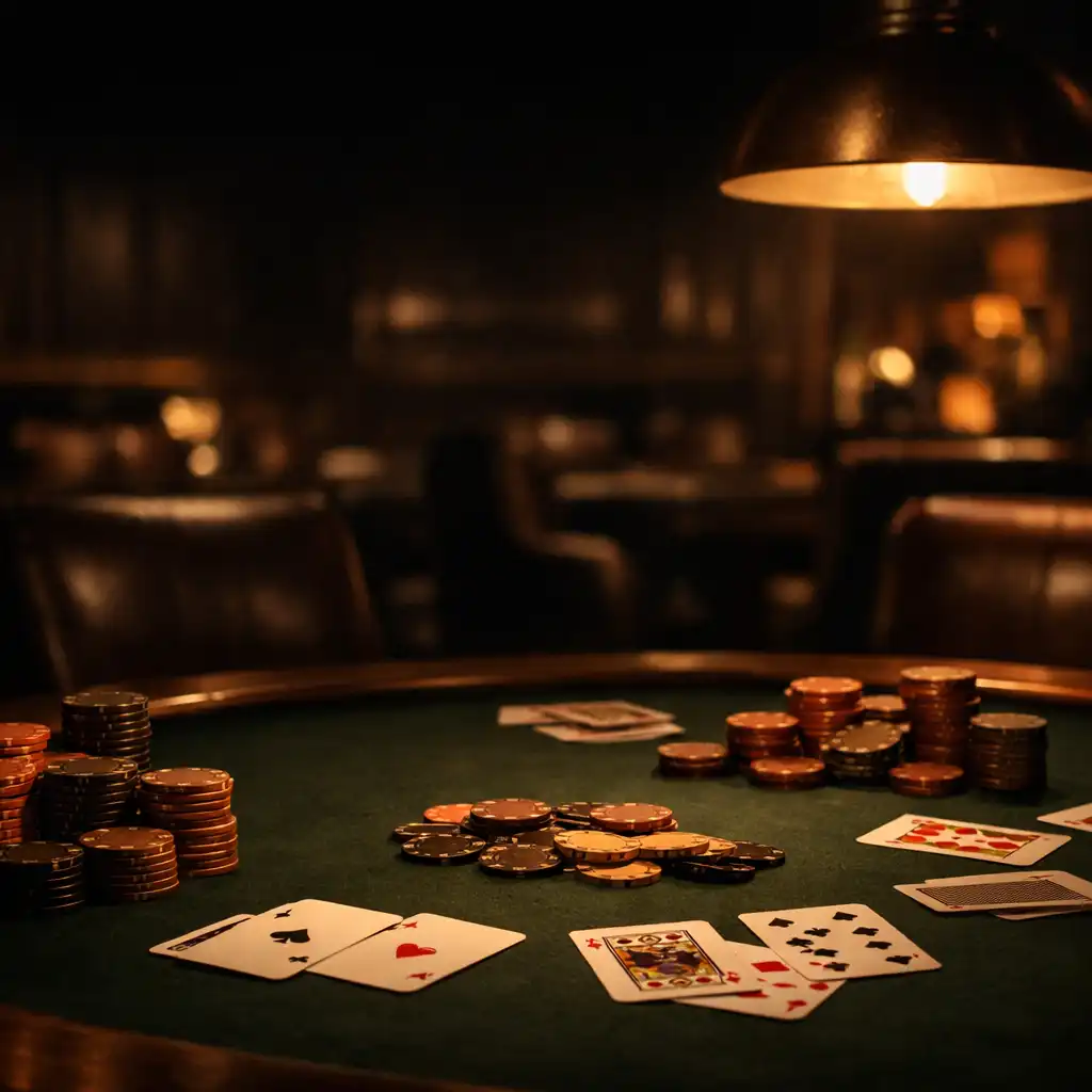 Pokerový stůl s kartami a žetony v tlumeném světle salonu