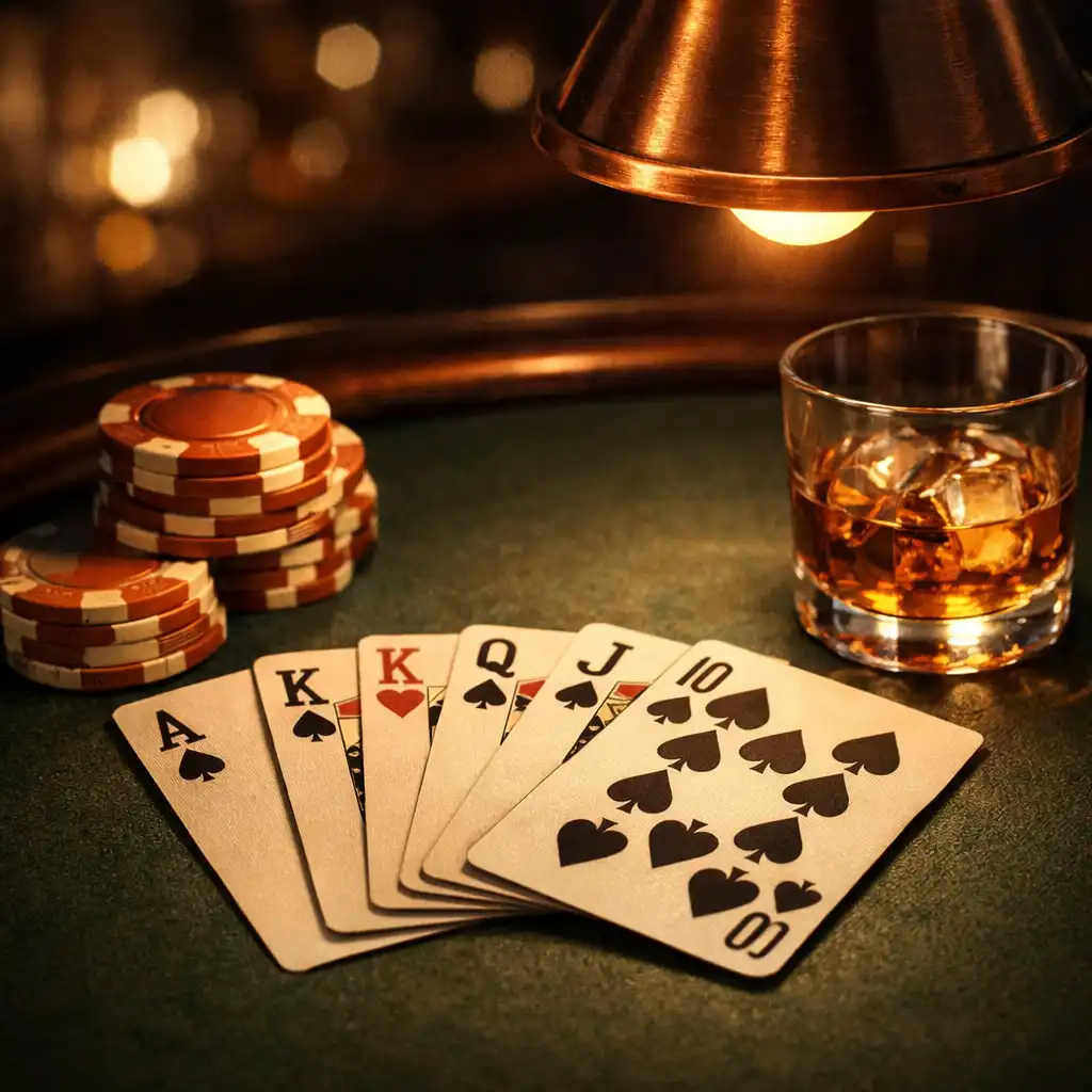 Detail pokerového stolu s kartami, žetony a sklenkou whisky