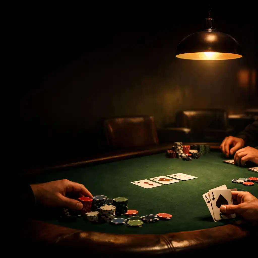 Atmosférický pohled na pokerový stůl s hráči a teplým světlem v salonku Salonu Pratel