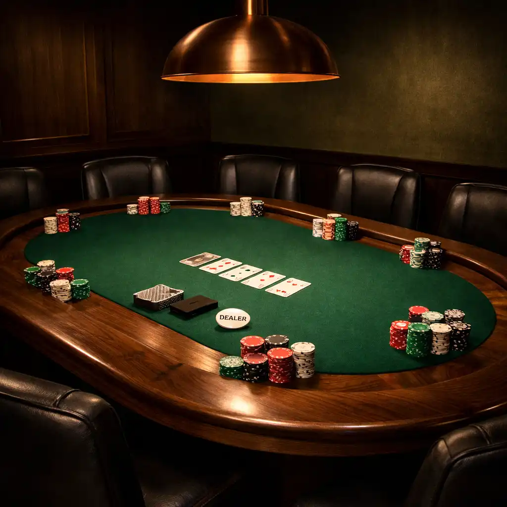 Detail povrchu pokerového stolu se zeleným plátnem, kartami a žetony