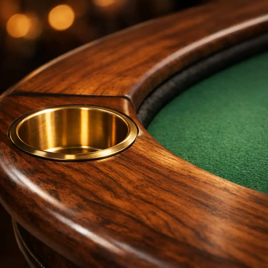 Detail hrany pokerového stolu z masivního ořechu s mosazným držákem na nápoj