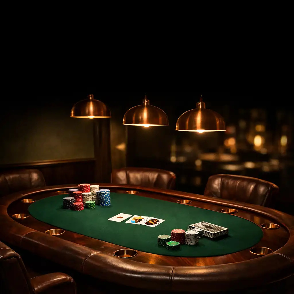 Pokerový stůl z masivního ořechu v intimně osvětleném salonku Salonu Pratel