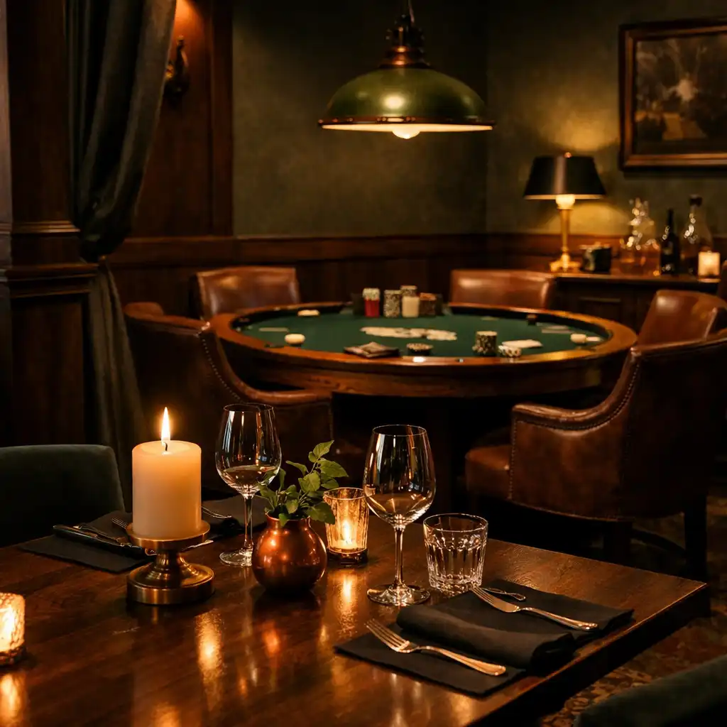 Pohled do restaurace Salon Pratel s prostřeným stolem a pokerovým stolem v pozadí