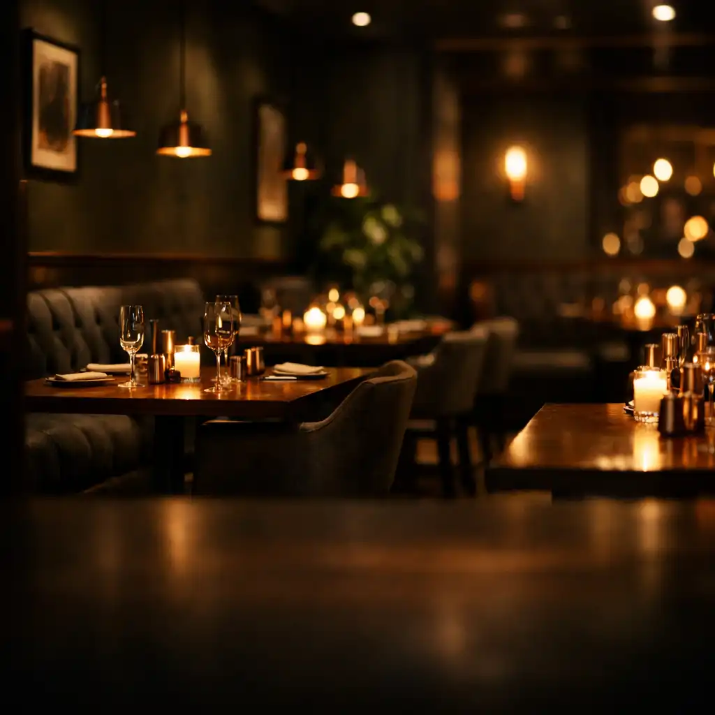 Elegantní interiér restaurace Salon Pratel s teplým tlumeným osvětlením