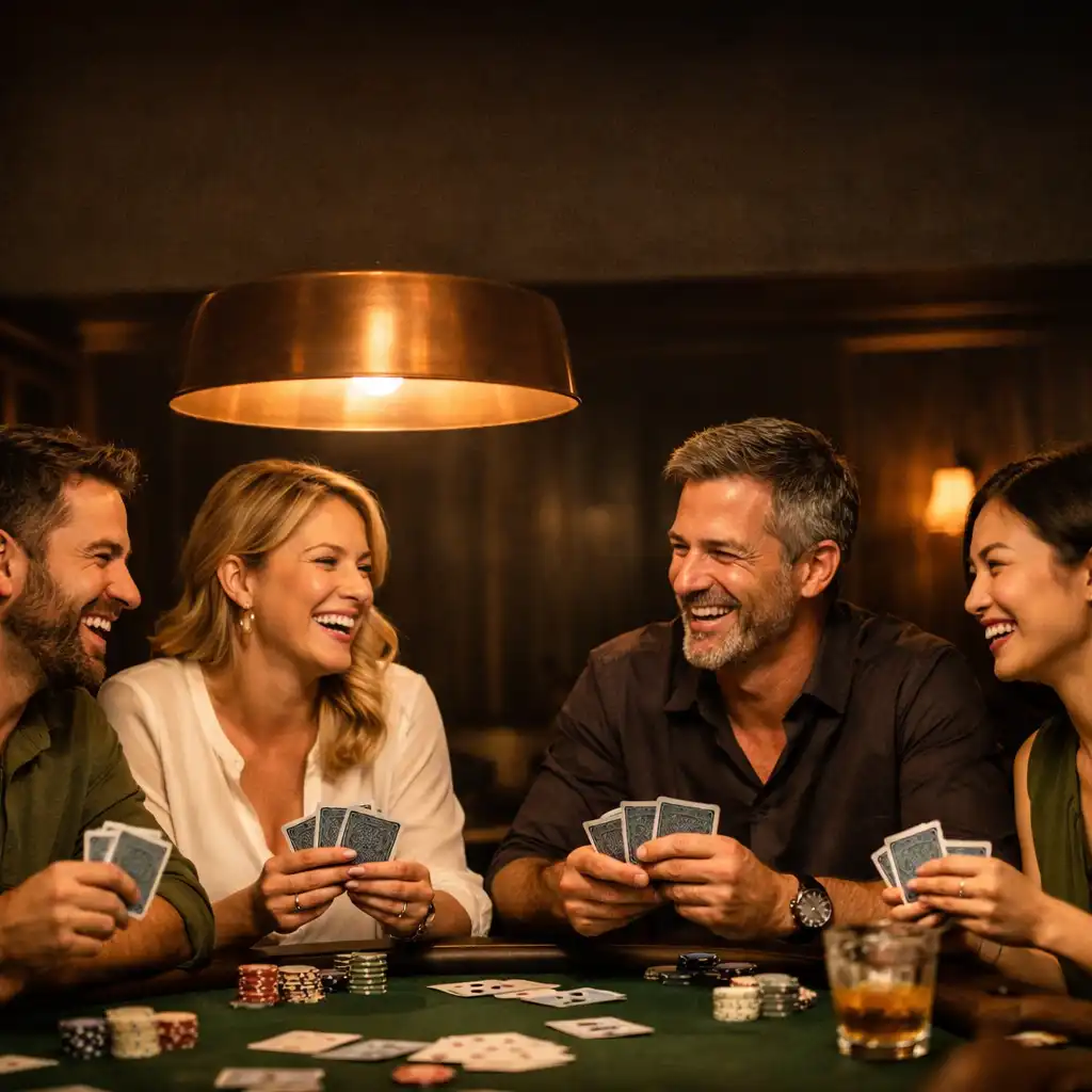 Skupina lidí u pokerového stolu během večera