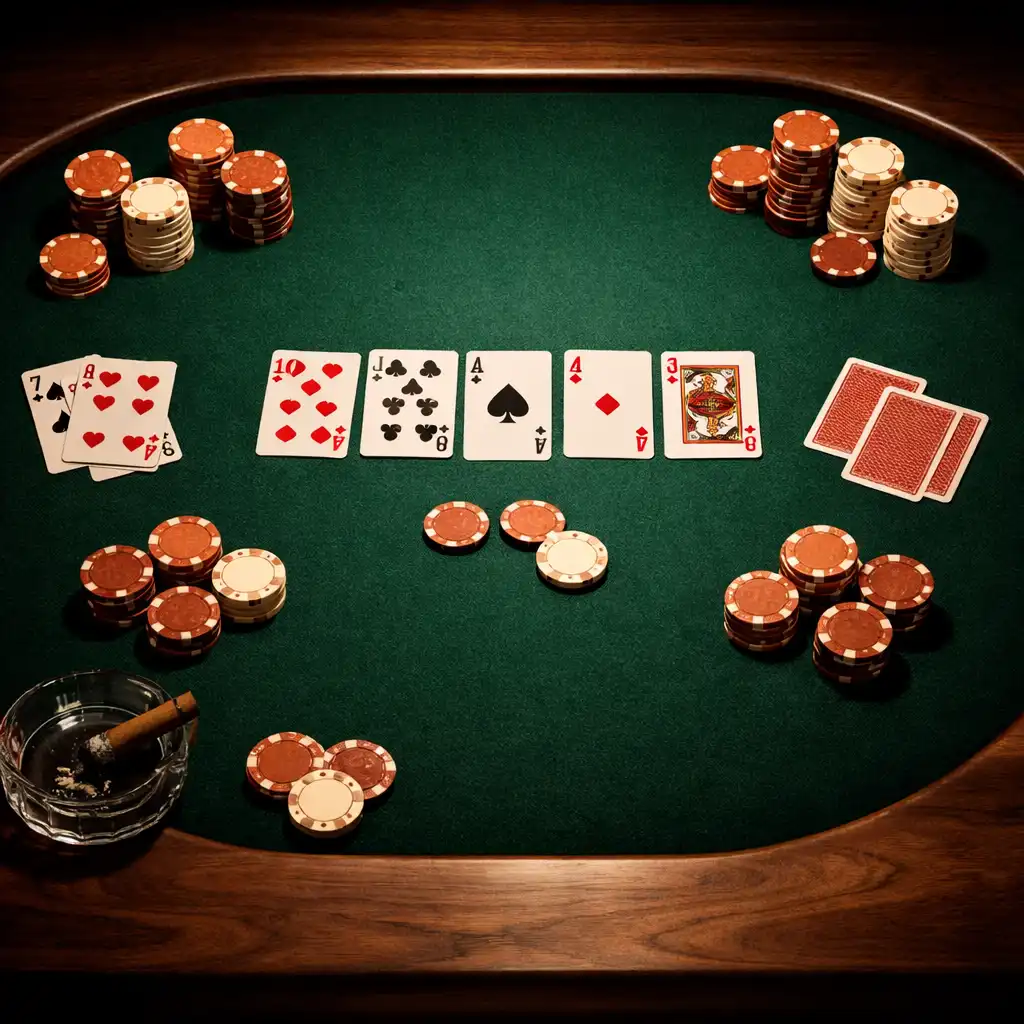 Pohled shora na pokerový stůl s kartami a žetony